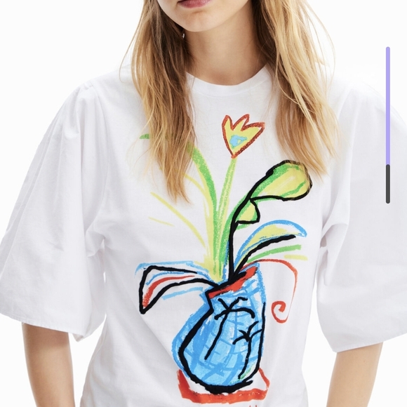 Desigual White Tee with Red and Yellow Accents 100% Cotton Rare 2023 Collection - Picture 2 of 5